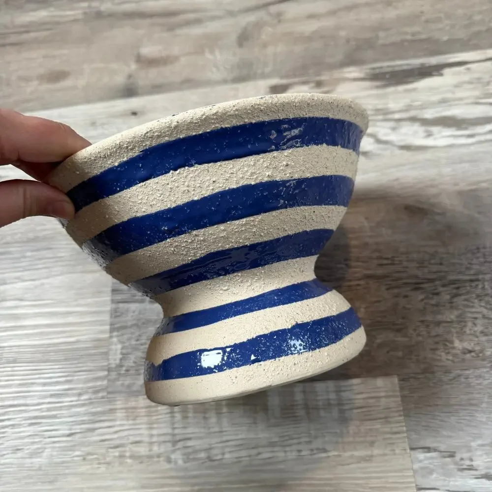 Handmade Studio Pottery Bowl Blue Stripe Pedestal Rustic Ceramic